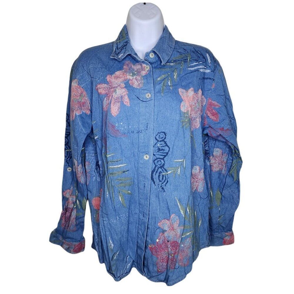 Vintage 80s Western Denim Shirt Womens Size S Blue Floral